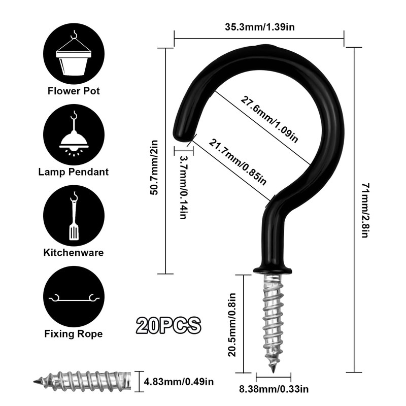 TAOBWN 20pcs Black Carbon Steel Multipurpose Screw in Hooks, 2.9