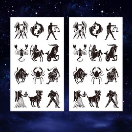 Oottati Small Cute Temporary Tattoo Sticker Set of 2 - Black Zodiac Signs Totem Leo Sagittarius Virgo Scorpio Taurus Designs for Hand Neck Face Wrist Finger, Waterproof Fake Body Art, Simple