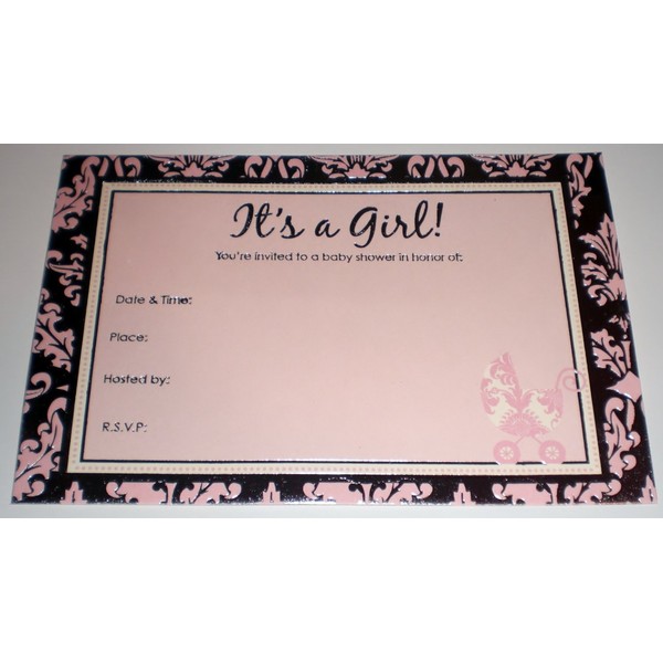 It's a Girl Baby Shower Pink/Silver Party Invitations w/Envelopes