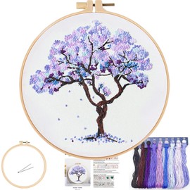 FONNUY Crewel Embroidery Kit for Beginners, Seasonal Tree Pre-Stamped Pattern Kits for Adults with Hoop, Easy to Follow Color Thread Needlework, 8'' (Purple)