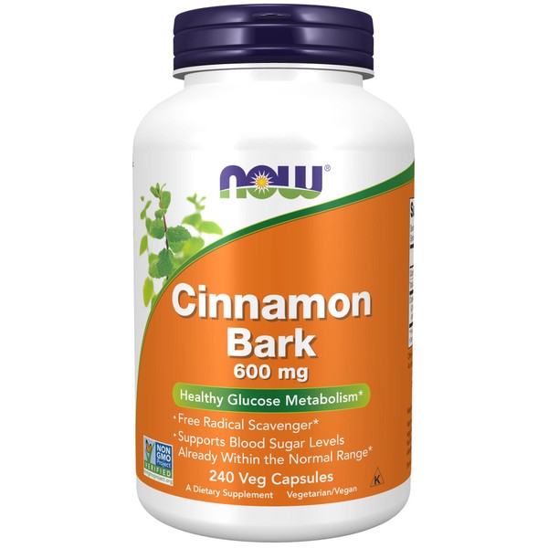 NOW Supplements, Cinnamon Bark 600 mg, Non-GMO Project Verified, Healthy Glucose Metabolism*, 240 Veg Capsules