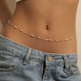 TseenYi Boho Pearl Waist Chain Gold Chain Belly Body Chain Pearl Beadeds Waist Chain Small Pearl Chain Body Chain Summer Beach Bikini Body Belly Chain Jewellery for Women and Girls, Zinc alloy, No