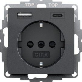 Gira 245928 Schuko Socket USB Port Shutter Touch Protection 2-Way Type A (Max. 2.4A) Type C (Max. 3A) System 55 Anthracite Flush-Mounted Protective Contact Socket Wall Socket Smartphone Tablet 32 mm