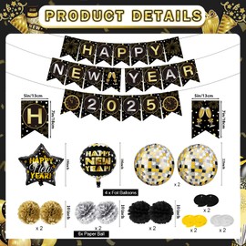 New Years Eve Party Supplies 2025 New Years Decorations New Years Backdrop with Happy New Year 2025 Banner, Balloons, Paper Flowers, Hanging Decorations for New Years Eve Decorations