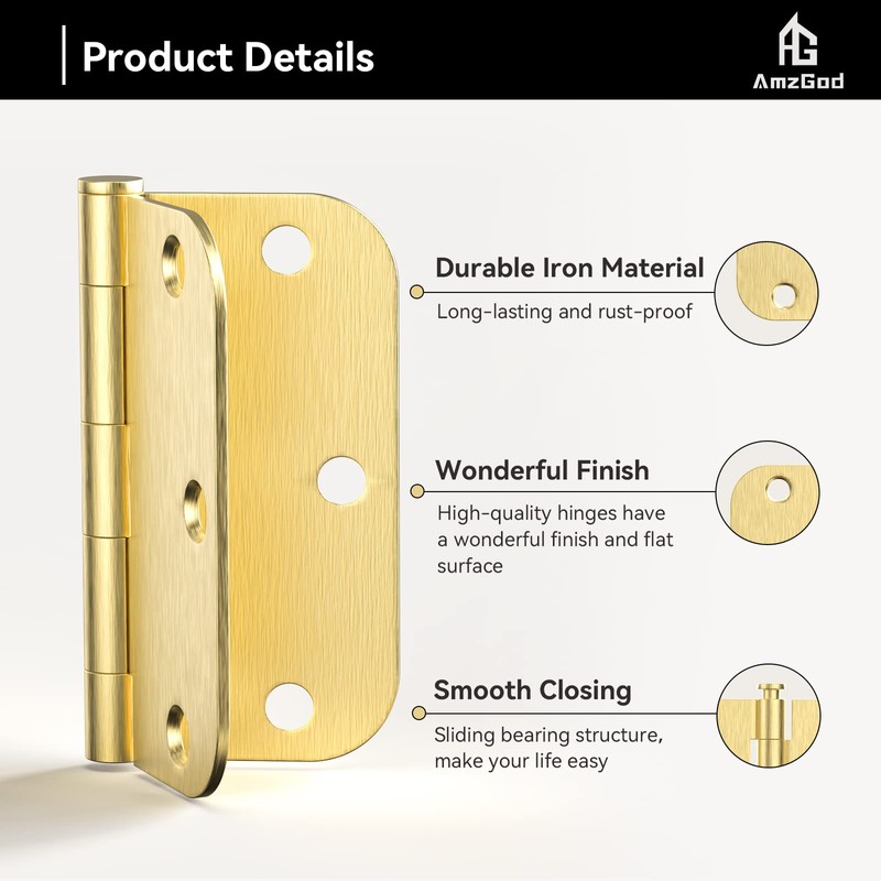 AmzGod Door Hinges Satin Brass - 6 Pack Gold Door