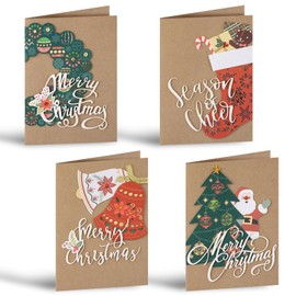 URROMA 4Pcs Vintage Christmas Greeting Cards 4 Styles Holiday Cards with Envelope Blank Note Cards Christmas Cards Set for Christmas Party Invitation