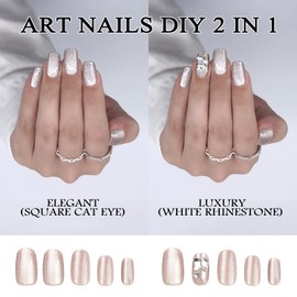 Miloilo Press On Nails Short - Cat Eye Press On Nails Square, White Rhinestones Fake Nails with Glue, Reusable Stick On Nails in 15 Sizes - 30 Fake Nail Kit, Milky Way