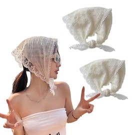 aoozleny 2 PCS Girls French Lace Triangle Scarf Flower Beige Sun Decorative Headscarf Pastoral Retro Silk Scarf Streamer