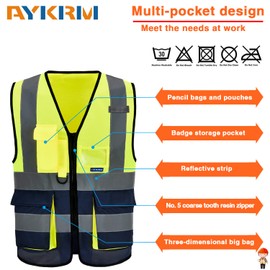 Yellow Navy high viz Class 2 hi vis Zipper Front High Visibility vest Hi Vis Executive Vest Waistcoat with Phone & ID Pockets
