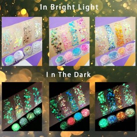 Fluorescent Sequin, Fluorescent Glitter Gel, 12 Colours, Glitter Holographic Sequin Set, Chunky Festival Glitter Gel, Glow in the Dark Face Body Glitter for Face, Body, Hair, Nails