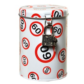 Money Box Metal Tin Round for 60th Birthday with Metal Lock 11 x 8.5 cm