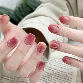 Viwind Short Sqoval Press on Nails,Light Red Gradient Glitter French Fake Nails Kits with Glue,Natural Reusable Stick On Nails in 12 Sizes-24 Square Artificial Acrylic Nails for Women-Reddish Brown