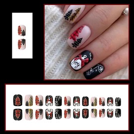 Christmas Press on Nails Medium Square Fake Nails Black and Pink Stick on Nails with Christmas Tree Designs Christmas Glossy Full Cover False Nails for Women Girls 24 Pcs