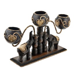 AeraVida Unique Handcarved Wooden Thai Elephants Holding 3 Candles with Heart Shaped Rattan Accents | Thai Wooden Home Decor | Centerpiece Candle Holder