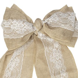 Trimming Shop 7" x 108" (18cm x 274cm) Vintage Hessian Sashes Chair Cover Bows with White Lace Natural Burlap Rustic Shabby Sewed Edge Wedding Reception Home Garden Party Decoration, 1pc