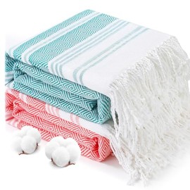2 Packs Oversized Cotton Turkish Beach Towels Set Bulk 74"x38" Extra Large Sand Free Quick Dry Clearance Swim Bath Camping Pool Towel Travel Blanket Adult Cruise Essentials Accessories Red Green
