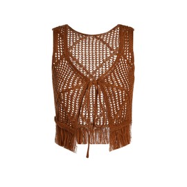 MakeMeChic Women's Cowboy Crochet Fringe Vest Vintage Hollow Out Tie Sleeveless Crop Knit Vest Brown Small