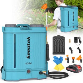 Seeutek Backpack Sprayer Battery Powered 4.2 Gallon, 0-100 PSI Electric Back Pack Sprayer with Mix Function, Weed Yard Sprayer with Telescopic Wand, 6 Nozzles, 21V 2.6Ah Battery & Charger Included