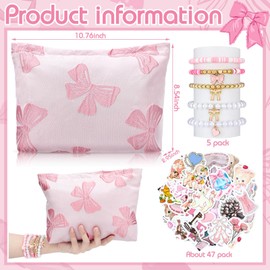 Reginary Preppy Makeup Bag Set Preppy Aesthetic Cosmetic Bag 47 Pcs Cute Coquette Aesthetic Stickers Decal 5 Pcs Pink Preppy Bow Bracelets for Women Christmas Gifts