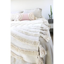 CASA BOHO Throw Blanket Boho Rainbow Throw Blanket Cozy Throw Blanket for Bed Pom Pom Blanket for Bed Cozy Blanket Throw Blankets for Bed Throw Blanket for Couch Neutral Rainbow Decor Cream 48x64