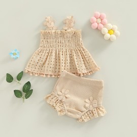 Baby Girls' Summer Clothes Boho Sleeveless Tunic Top and Bloomers Shorts Set Newborn Girls Outfit (Beige, 12-18 Months)
