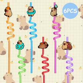 Ulife Mall Capybara Decorative Straws, Pack of 6 Reusable Drinking Straws, Novelty Cartoon Animal Party Straws, Curly Hard Plastic Straws, Children's Birthday Decorations Supplies Family Reunions