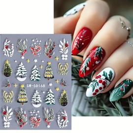 Christmas Nail Art Stickers 2Pcs Holly Christmas Nail Decals 5D Embossed Nail Stickers Christmas Tree Star Candy Canes Winter Nail Design Self-adhesive Xmas Nail Supplies for Women Manicure Decoration