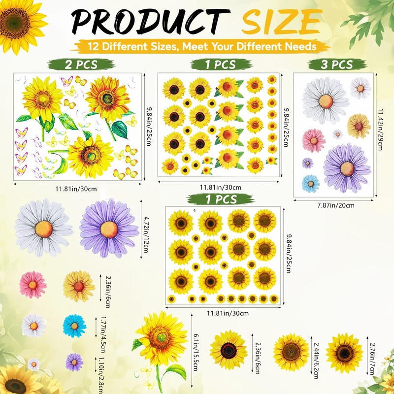 7 Pcs Sheets Wheelie Bin Stickers, Flower Dustbin Sticker Sunflower