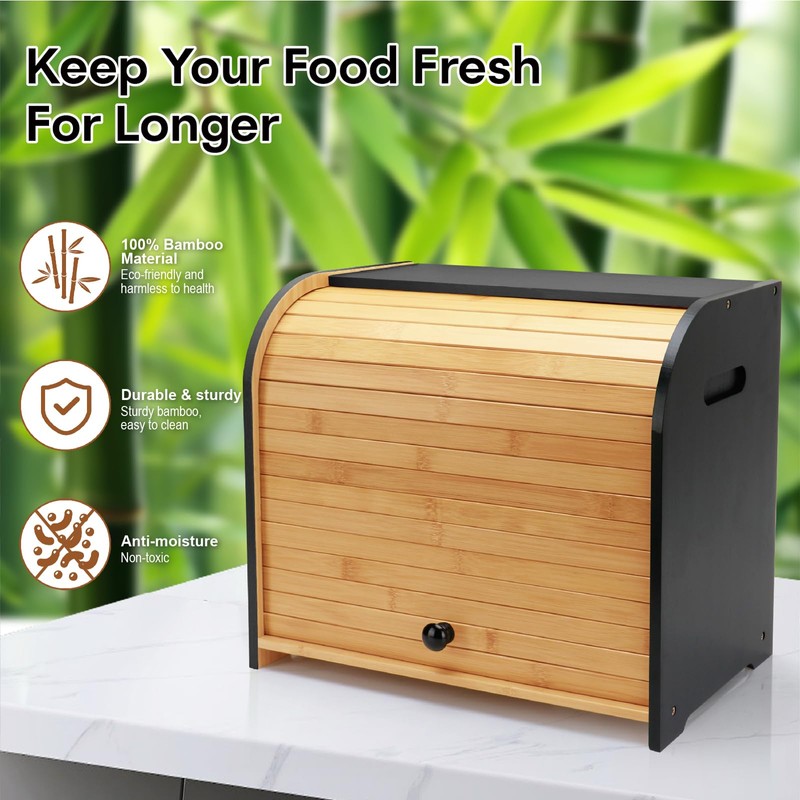 Thalomely Bread Box for Kitchen Countertop, Double Layer Bamboo Bread