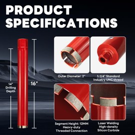 DaduoRi Premium 2" Wet Core Drill Bit for Hard Concrete with High-Density Diamond, Precision-Welded Segments, 1-1/4"-7 Thread x 14" Depth, Industrial Grade for Concrete Rebar, Brick, Masonry, Asphalt