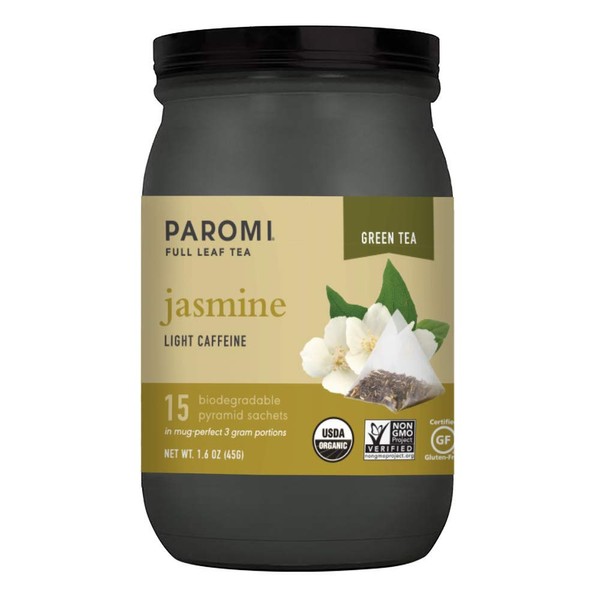 Paromi Tea Organic Jasmine Green Tea, 15 Pyramid Tea Bags - Non-GMO