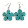 Turquoise Wood Flower Drop Earrings/60mm Long