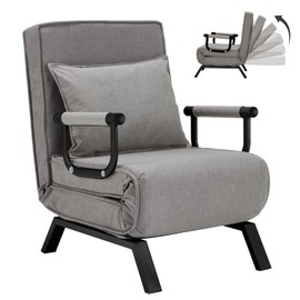 Convertible Sofa Bed Sleeper Chair,Single Person Chaise Lounge Couch with Pillow,Upholstered Lazy Bed with 6 Angles Adjustable Backrest,Folding Sofa Arm Chair for Apartment/Office/Home (Gray)