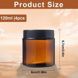 TOKSEO Pack of 4 120 ml Amber Glass Empty Jars, Cream Jars for Filling, Large Apothecary Jar, Cosmetic Glass, Cream Jar, Ointment Jars, Brown Glass Container with Lid and Liner