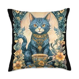 Elegant Vintage Cat with Tea Cup Throw Pillow