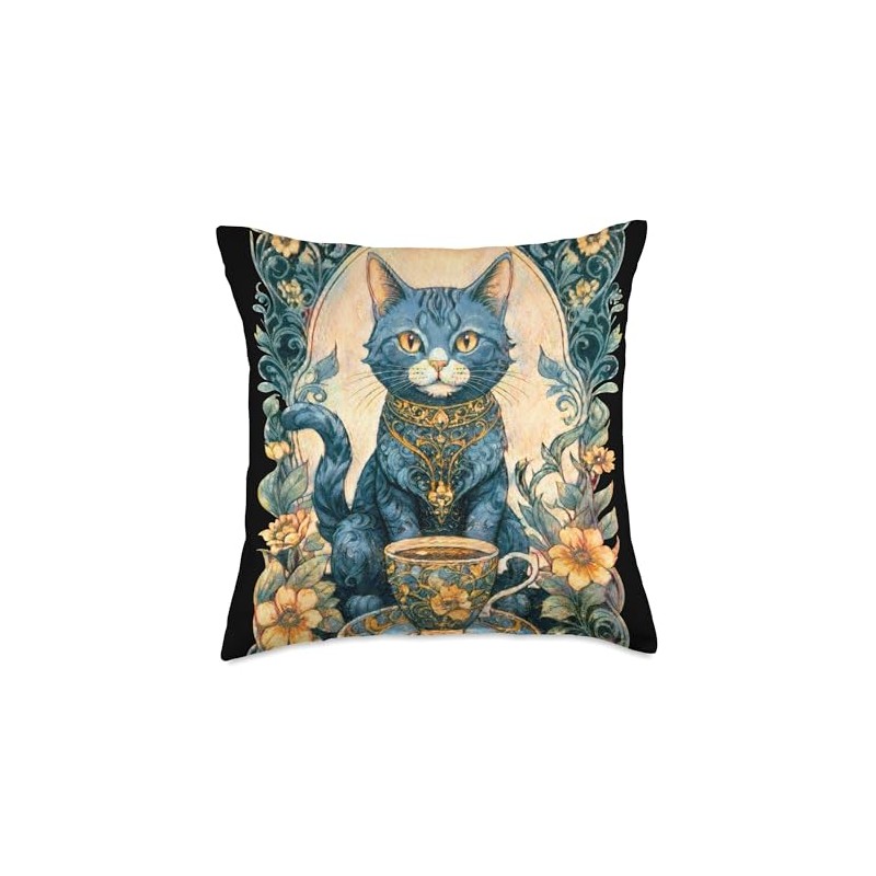 Elegant Vintage Cat with Tea Cup Throw Pillow