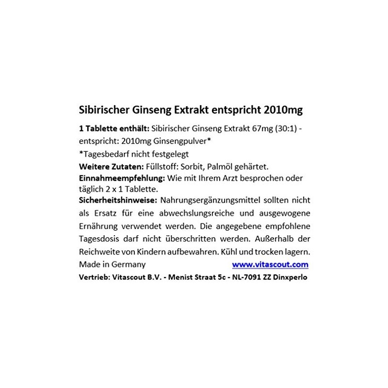 Siberian ginseng extract corresponds to 2010 mg powder per tablet,