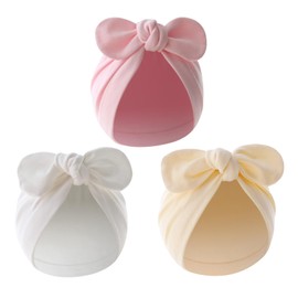 Mtbricey 3 Pieces Newborn Baby Hat Baby Bowknot Turban Hats Cotton Stretchy Hats Breathable Warm Hat Knot Nursery Hospital Cap for Girls Boys Infants Toddlers, a