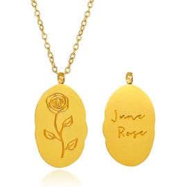 InMelodi Birth Month Flower Necklace 18k Gold Engraved Floral Oval Pendant Necklace Stamped Flower Charm Necklace Jewelry Birthday Gift for Her