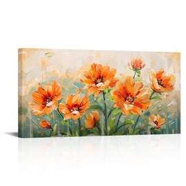 Saypeacher Orange Flower Wall Art Burnt Orange and Green Wall Decor Larg Floral Painting Prints Bedroom