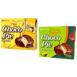 Combo - Banana Choco Pie and Green Tea Choco Pie - Banh Choco Pie Huong Chuoi va Choco Pie Tra Xanh - 12 Packs per Box with 1 Box of Banana Choco Pie and Green Tea Choco Pie - Produce of South Korea