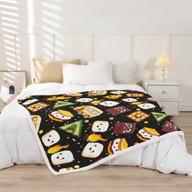 jejeloiu Cute S'Mores Fleece Throw Blanket for Bed Sofa Couch Marsh Mallow Cookie Plush Blanket 40"x50" Cartoon Camping Car Sherpa Blanket Room Decorations Black Fuzzy Blanket Flannal Blanket