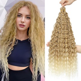 FANLUTYIN 22 Inch Curly Crochet Braiding Hair 3 Packs Ocean Wave Crochet Hair Extensions Deep Wave Synthetic Braiding Hair Curls Hair Twist Water Wave Braided Hair (27/613#, 22 Inch 3 Packs)