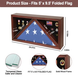 Sboitflmm Large Burial Flag Display Case - American Solid Wood Military Shadow Box With Tempered Glass and Certificate Holder, Fits 5' X 9.5' Folded Flag, Mahogany Rectangle