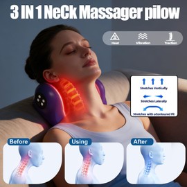 Heated Neck Massager, 3 Vibration Modes Neck Traction Device Portable Wireless Neck Massager Pillow for Relief and Cervical Spine Alignment (Blue)