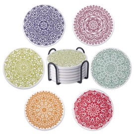 STARUBY 6 Pieces Ceramic Coasters Coasters with Holder Coasters Coffee Table Coasters Absorbent for Drinks Kitchen Dining Room Decoration 10cm Round Red