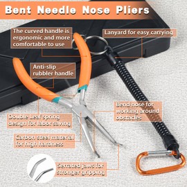 LEONTOOL Small Curved Long Nose Pliers for Jewellery Making, Angled Long Nose Pliers with Serrated Jaw, Needle Remover Pliers with Lanyard, Curved Handle, Works in Tight Spaces, Yellow Green
