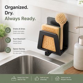 Kitchen Sink Sponge Holder for Counter Organization – Metal Sink Caddy for Sponge, Brush, Scraper & Stopper