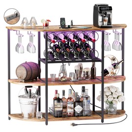 VICTONE Wine Bar Cabinet with LED Lights and Power Outlets, Freestanding Liquor Bar Cabinet Table with Glass Holder Wine Rack Table Mini Bar for Home Kitchen Dining Room