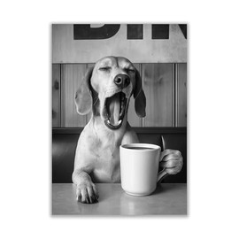 WBdesignz Funny Dog Poster - Dachshund with Coffee Cup Yawns - Black and White Animal Motif with Humour - Wall Decoration for Kitchen, Office, Hallway or Breakfast Corner (A4) - Without Frame